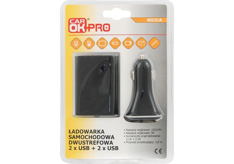 Zdjęcie: Ładowowarka samochodowa dwustrefowa 2+2 USB4 2A + kabel CAR OK