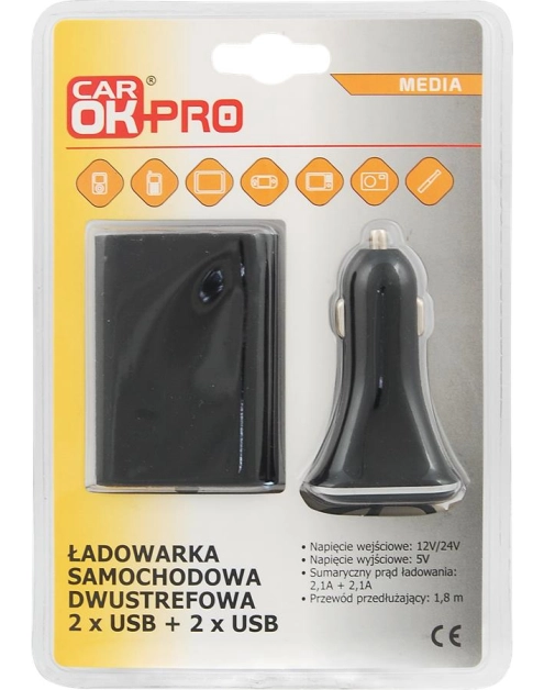 Zdjęcie: Ładowowarka samochodowa dwustrefowa 2+2 USB4 2A + kabel CAR OK