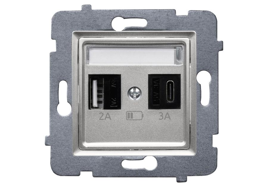Zdjęcie: Ładowarka szybka USB A+C (A-10 W, C-20 W), bez ramki Rosa srebrny metalik POLMARK