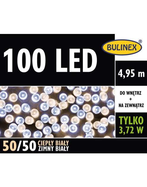 Zdjęcie: Lampki choinkowe LED 4,95 m biały ciepły/zimny 100 lampek zielony przewód BULINEX