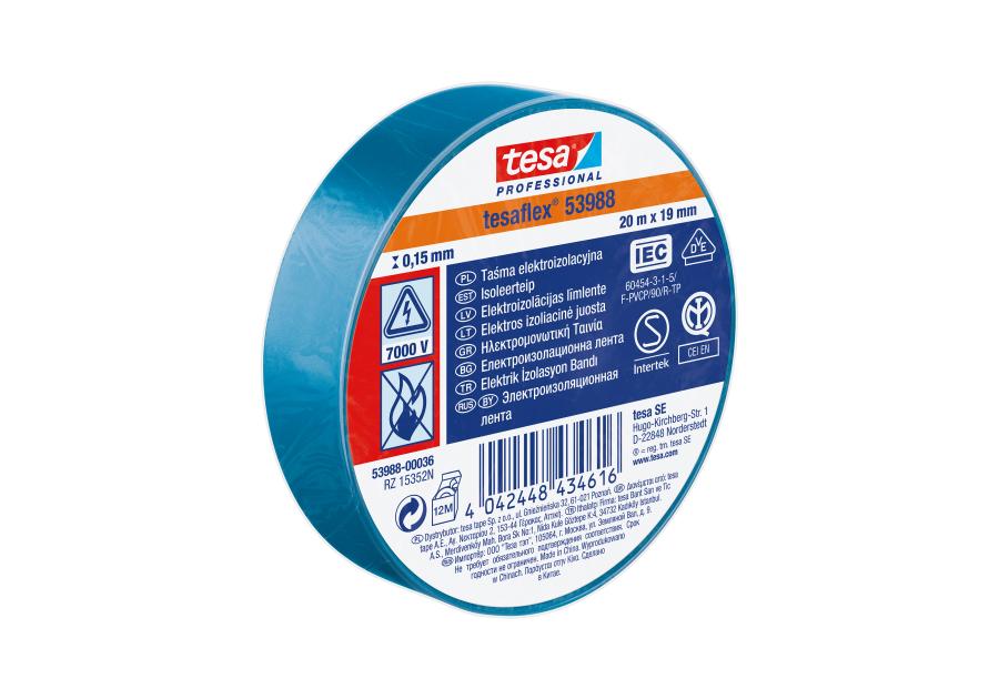 Zdjęcie: Taśma izolacyjna PVC, do zastosowań elektrycznych, 20 m-19 mm, niebieska TESA