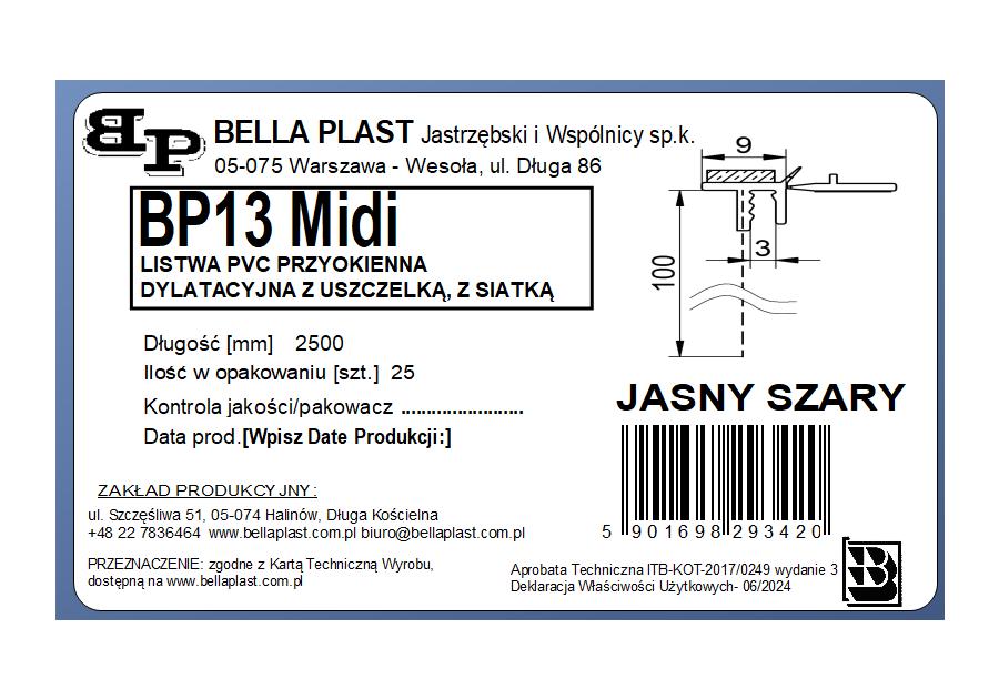 Zdjęcie: Listwa PVC BP13 Midi L250 9/3 szary jasny, dylatacyjna, z siatką i z uszczelką BELLA PLAST