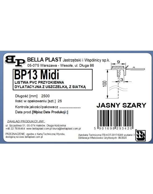 Zdjęcie: Listwa PVC BP13 Midi L250 9/3 szary jasny, dylatacyjna, z siatką i z uszczelką BELLA PLAST