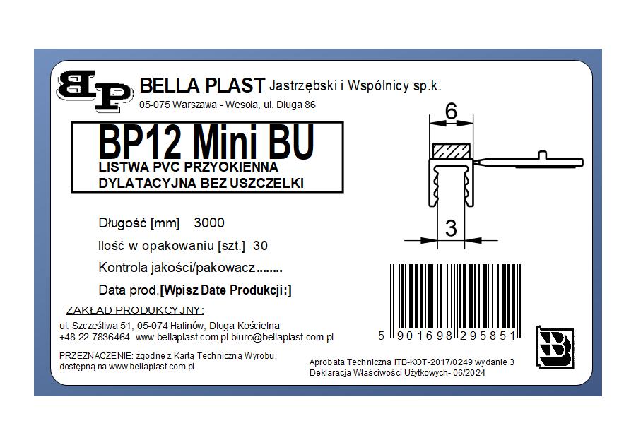 Zdjęcie: Listwa PVC przyokienna, dylatacyjna, tynkarska bez uszczelki BP12 MINI BU L300 6/3 biały BELLA PLAST