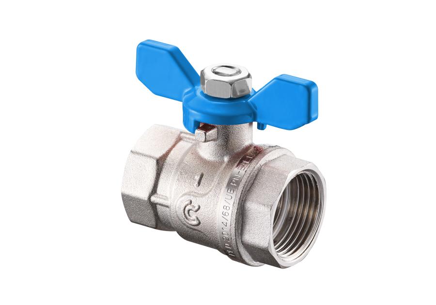 Zdjęcie: Zawór na zawieszce kulowy w/w 1/2" z motylkiem niebieskim, pełen nikiel CALIDO