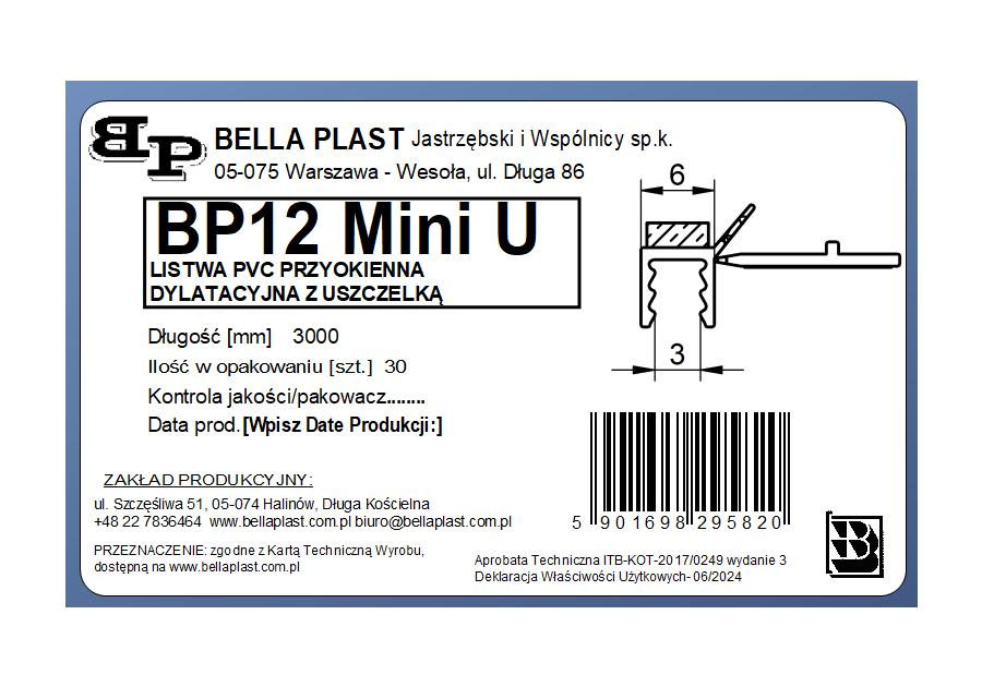 Zdjęcie: Listwa PVC BP12 Mini U L300 6/3 biały, dylatacyjna, tynkarska z uszczelką BELLA PLAST