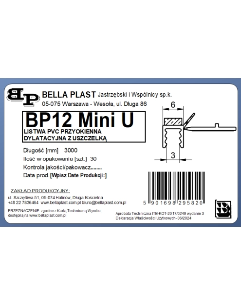 Zdjęcie: Listwa PVC BP12 Mini U L300 6/3 biały, dylatacyjna, tynkarska z uszczelką BELLA PLAST