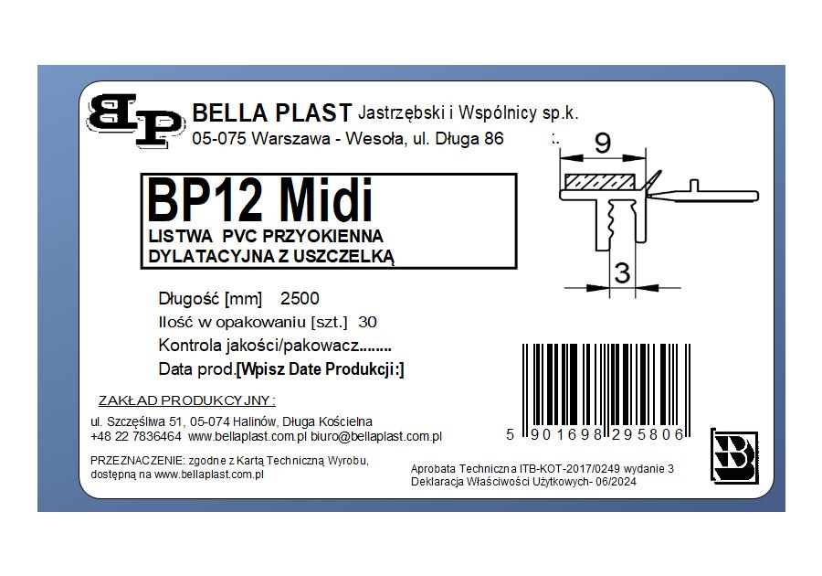 Zdjęcie: Listwa PVC BP12 Midi L250 9/3 biały, przyokienna, dylatacyjna, tynkarska z uszczelką BELLA PLAST