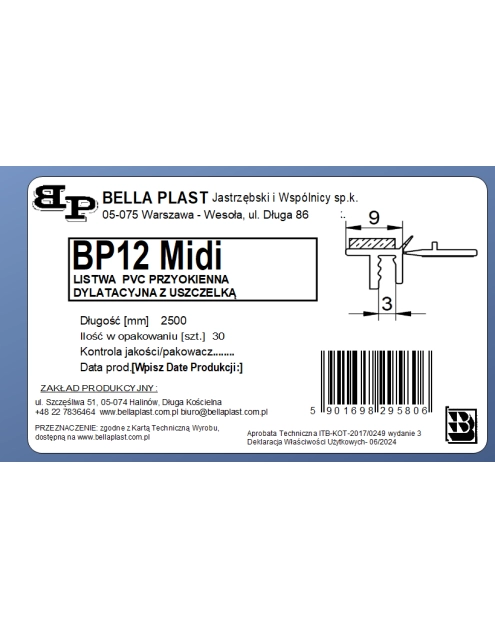 Zdjęcie: Listwa PVC BP12 Midi L250 9/3 biały, przyokienna, dylatacyjna, tynkarska z uszczelką BELLA PLAST