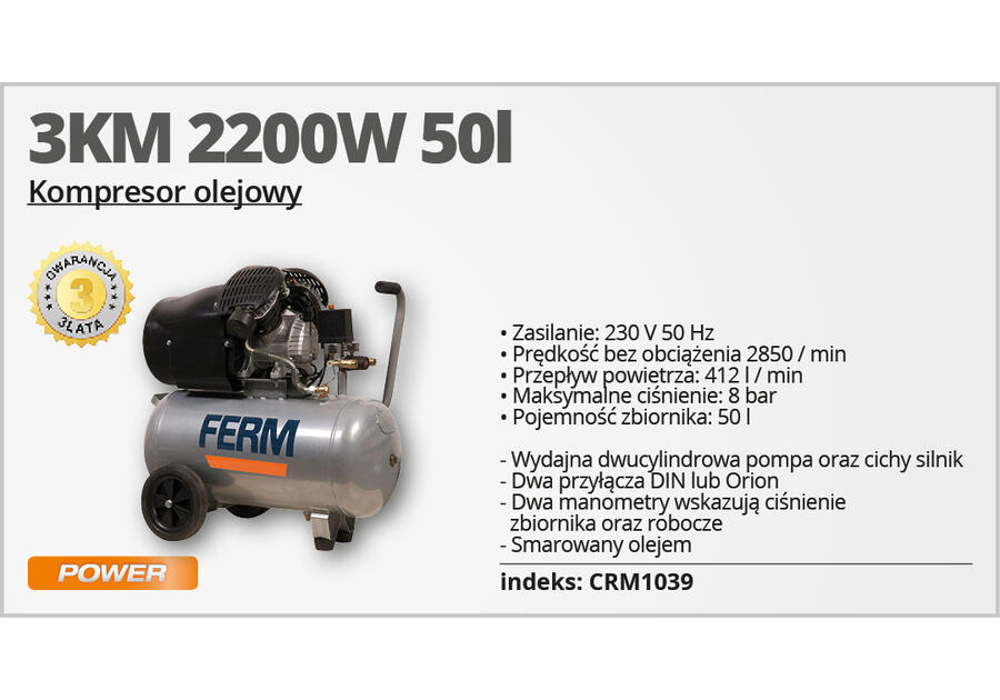 Zdjęcie: Kompresor 3HP 2200 W - 50 L FERM POWER