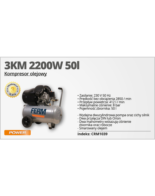Zdjęcie: Kompresor 3HP 2200 W - 50 L FERM POWER