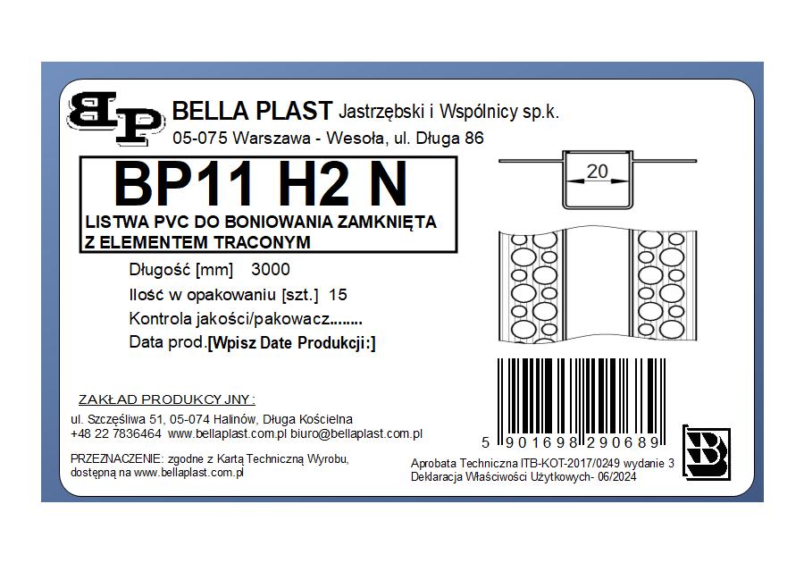 Zdjęcie: Listwa do boniowania PVC bez siatki, zamknięta z elementem traconym BP11 H2N L300 biała BELLA PLAST