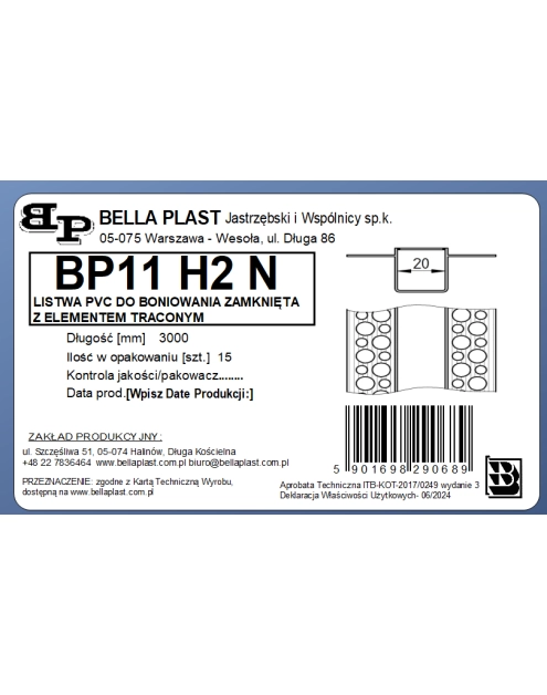 Zdjęcie: Listwa do boniowania PVC bez siatki, zamknięta z elementem traconym BP11 H2N L300 biała BELLA PLAST