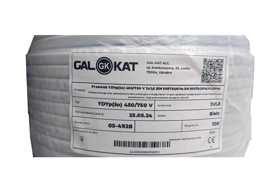 Zdjęcie: Przewód elektryczny YDYP 3x1,5 biały 100 m GAL-KAT