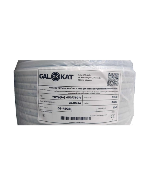 Zdjęcie: Przewód elektryczny YDYP 3x1,5 biały 100 m GAL-KAT