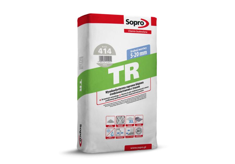 Zdjęcie: Zaprawa klejowa wysokoelastyczna średniowarstwowa z trasem TR 414 25 kg SOPRO