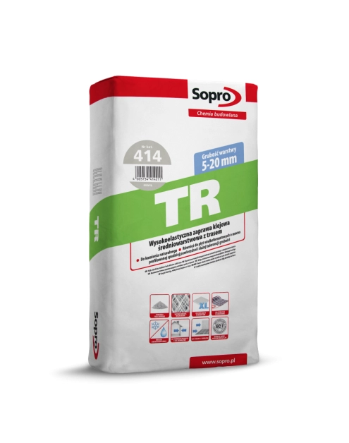 Zdjęcie: Zaprawa klejowa wysokoelastyczna średniowarstwowa z trasem TR 414 25 kg SOPRO