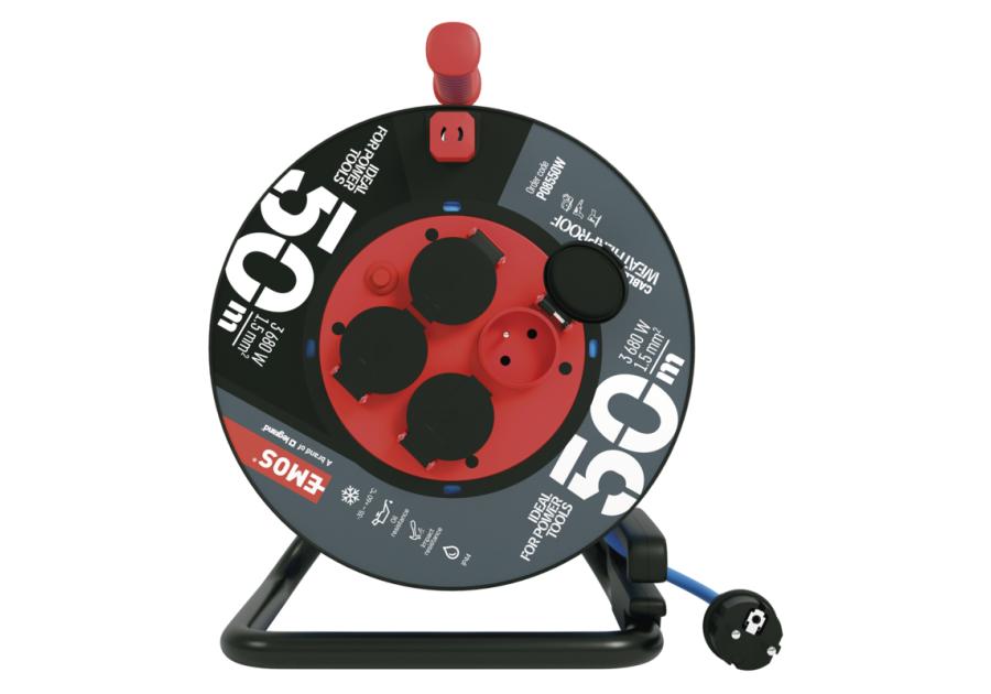 Zdjęcie: Przedłużacz zwijany mrozoodporny 50 m, 4 gniazda, niebieski, silikon, 230 V, 1,5 mm2 EMOS