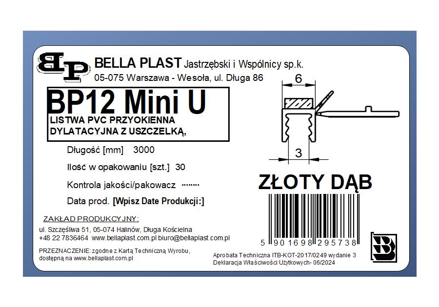 Zdjęcie: Listwa PVC BP12 Mini U L300 6/3 złoty dąb, tynkarska z uszczelką BELLA PLAST