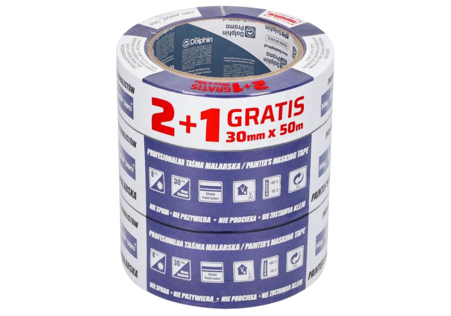 Zdjęcie: Taśmy malarskie 2 sztuki 48mm x 50m + 1szt. 30mm x 50m GRATIS BLUE DOLPHIN
