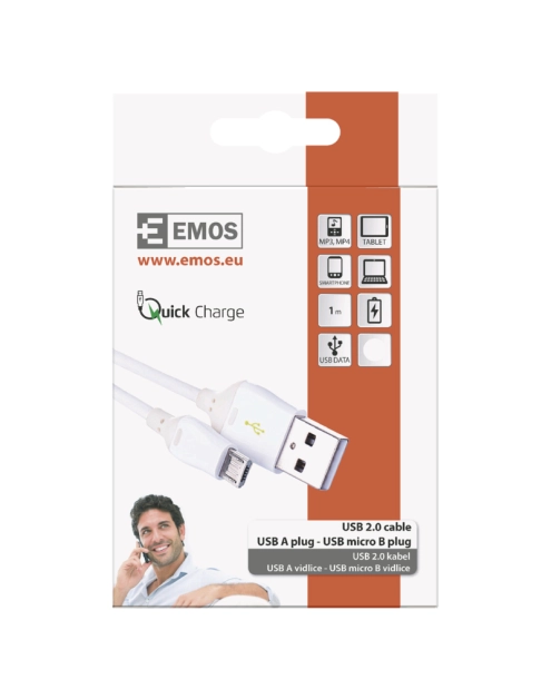 Zdjęcie: Kabel Usb 2.0, wtyk A - micro B, ładowanie Quick Charge, transmisja danych, 1 m, biały EMOS