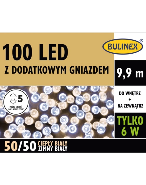 Zdjęcie: Lampki LED z dodatkowym gniazdem 9,9 m biały ciepły/zimny 100 lampek BULINEX