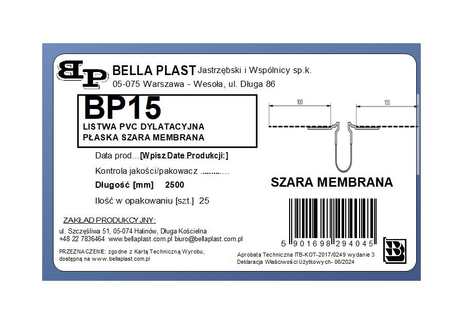 Zdjęcie: Listwa PVC dylatacyjna "E" z siatką, prosta BP15 L250 szara membrana BELLA PLAST