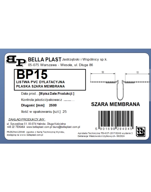Zdjęcie: Listwa PVC dylatacyjna "E" z siatką, prosta BP15 L250 szara membrana BELLA PLAST