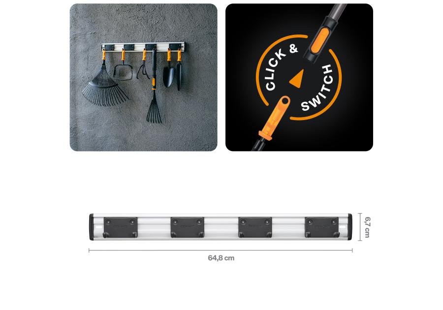 Zdjęcie: Uchwyt na narzędzia, wieszak ścienny 4 ruchome podwójne haki One Click FISKARS