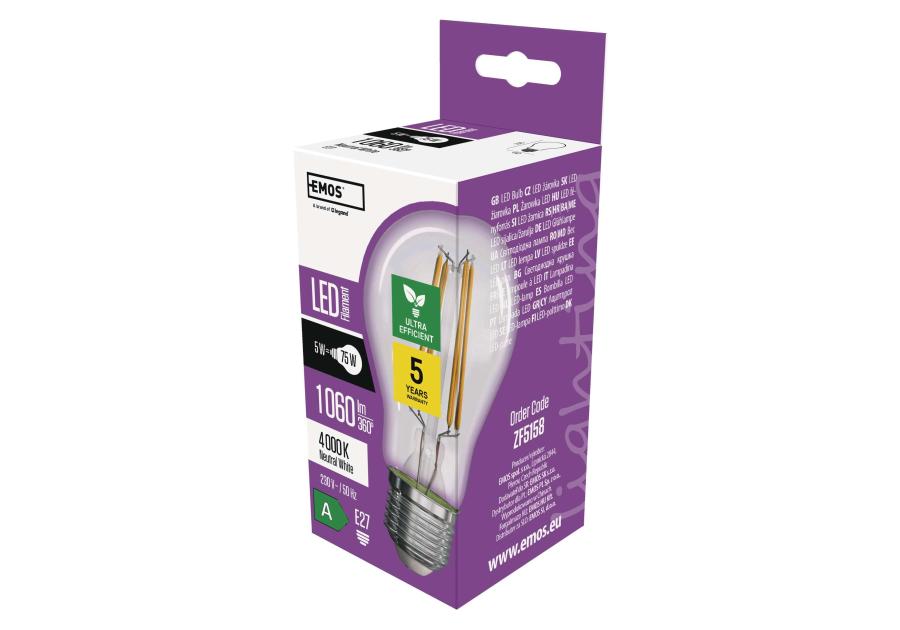 Zdjęcie: Żarówka LED Filament A60, E27, 5 W (75 W), 1 060 lm, neutralna biel EMOS