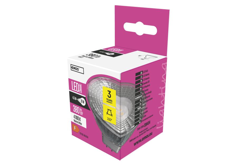 Zdjęcie: Żarówka LED Classic MR16, GU5,3, 4,5 W (31 W), 380 lm, neutralna biel EMOS