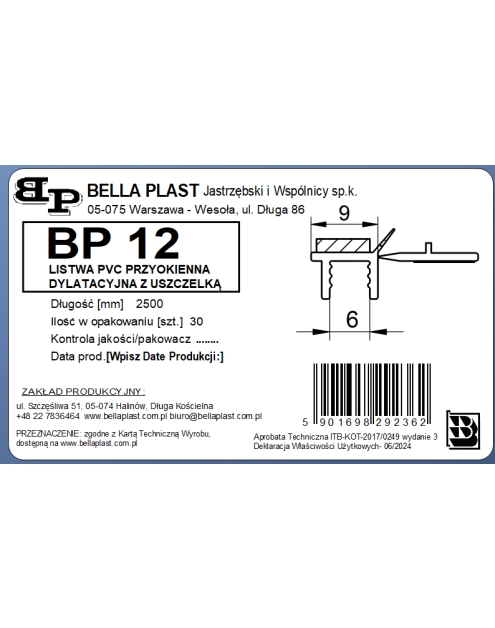 Zdjęcie: Listwa PVC BP12 L250 9/6 biały, przyokienna, dylatacyjna, tynkarska z uszczelką BELLA PLAST