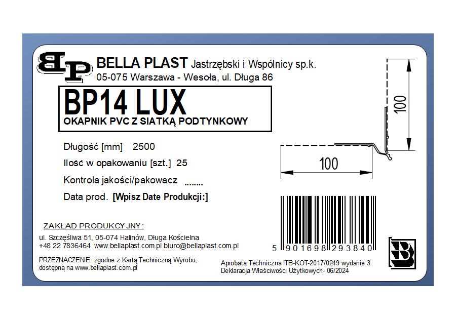 Zdjęcie: Listwa PVC okapnikowa, podtynkowa z siatką BP14 Lux L250 biała BELLA PLAST
