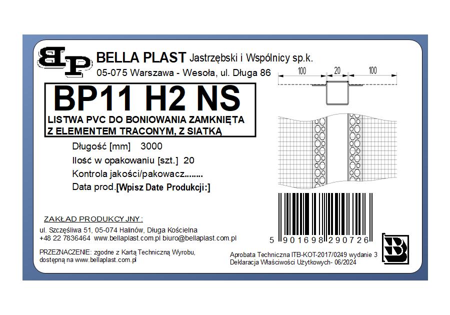 Zdjęcie: Listwa do boniowania PVC z siatką, zamknięta z elementem traconym BP11 H2NS L300 biała BELLA PLAST