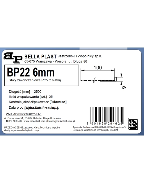 Zdjęcie: Listwa PVC zakończeniowa z siatką BP22 L250 6 mm biała BELLA PLAST