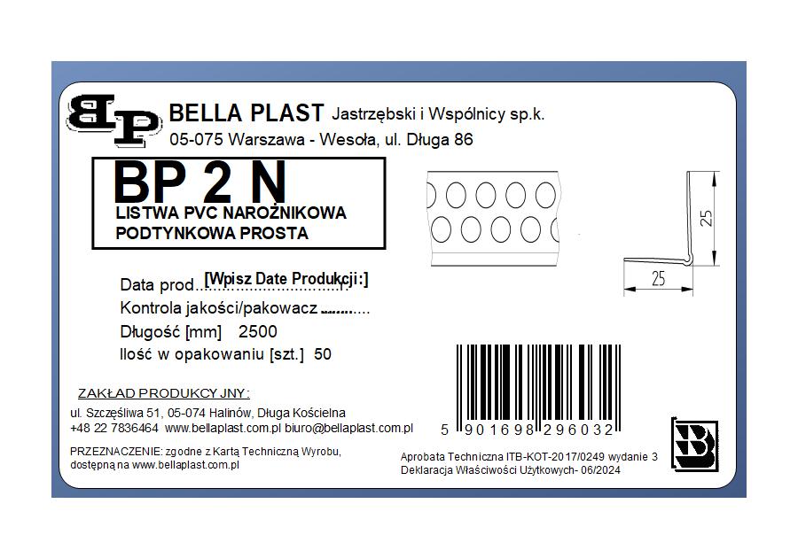 Zdjęcie: Kątownik PVC Prosty BP2N L250 biały BELLA PLAST