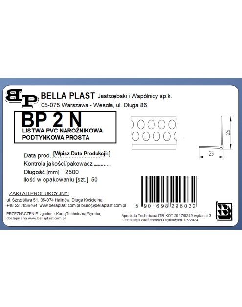 Zdjęcie: Kątownik PVC Prosty BP2N L250 biały BELLA PLAST