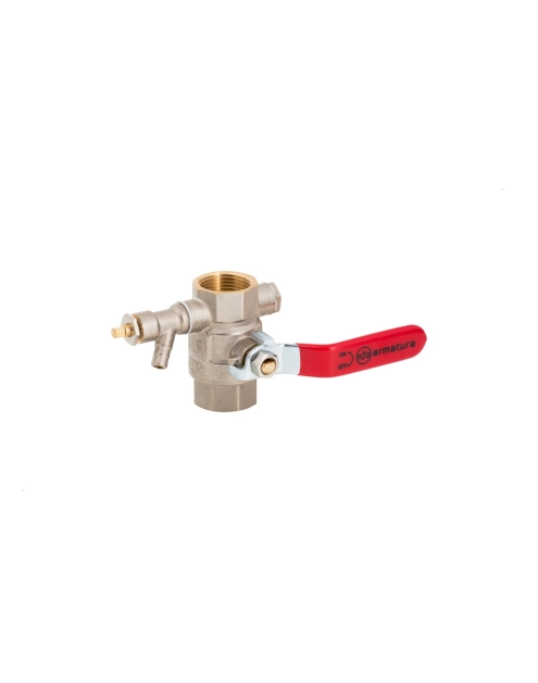 Zdjęcie: Zawór kulowy nakrętno-nakrętny z zaworkiem odpowietrzająco-spustowym, korkiem i dźwignią 3/4" KFA