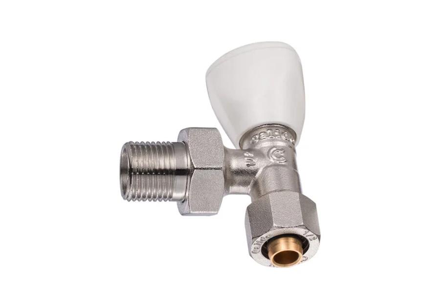Zdjęcie: Zawór na zawieszce grzejnikowy zasilający kątowy 1/2" z przyłączem zaciskanym 16 x 2,0 mm CALIDO
