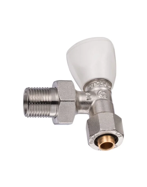 Zdjęcie: Zawór na zawieszce grzejnikowy zasilający kątowy 1/2" z przyłączem zaciskanym 16 x 2,0 mm CALIDO