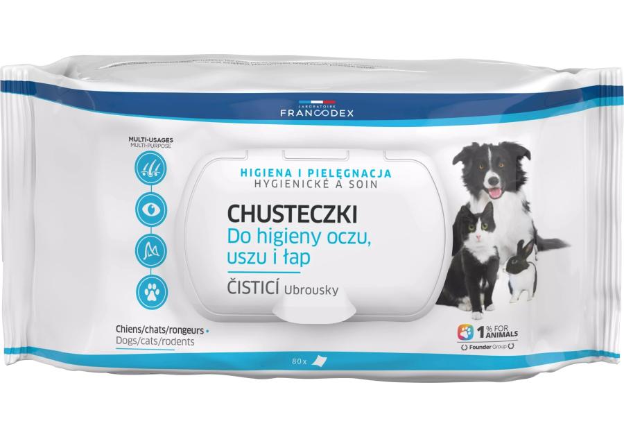 Zdjęcie: Chusteczki do czyszczenia oczu, uszu, łap dla zwierząt 80 sztuk FRANCODEX