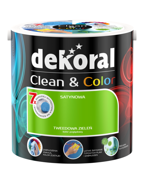 Zdjęcie: Farba satynowa Clean&Color 2,5 L tweedowa zieleń DEKORAL