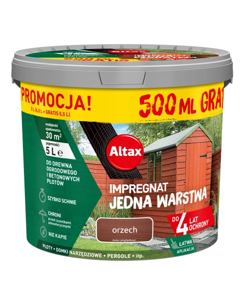 Zdjęcie: Impregnat Jedna Warstwa 4 lata, orzech 4,5 L + 0,5 L ALTAX