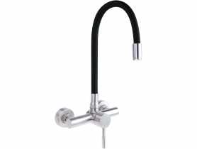 Bateria zlewozmywakowa ścienna z giętą wylewką Luno, stal, nero NEO