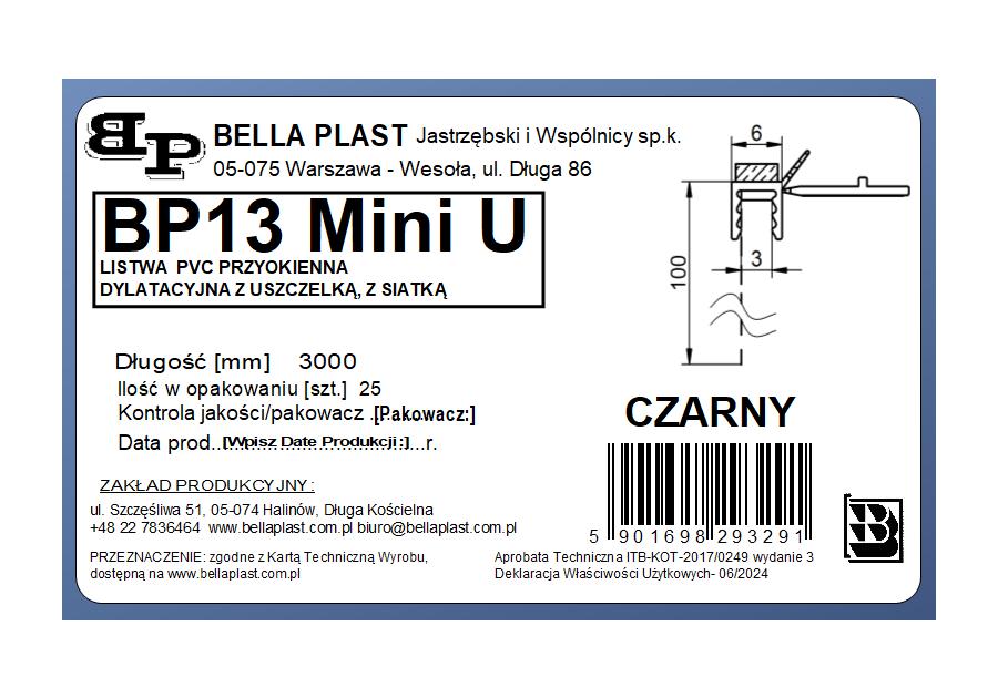 Zdjęcie: Listwa PVC BP13 Mini U L300 6/3 czarny, z siatką i z uszczelką BELLA PLAST