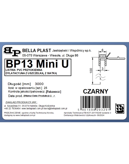 Zdjęcie: Listwa PVC BP13 Mini U L300 6/3 czarny, z siatką i z uszczelką BELLA PLAST