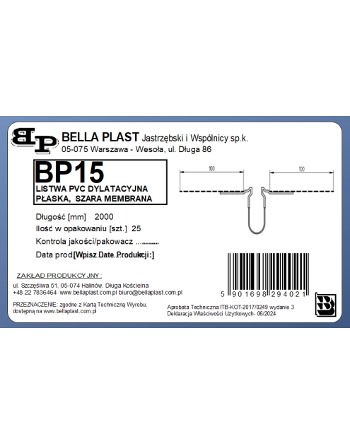 Zdjęcie: Listwa PVC dylatacyjna "E" z siatką, prosta, BP15 L200 szara membrana BELLA PLAST