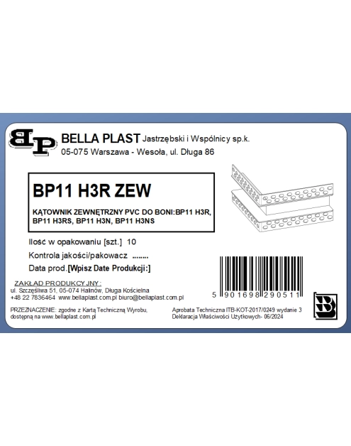 Zdjęcie: Kątownik zewnętrzny BP11 H3R biały BELLA PLAST