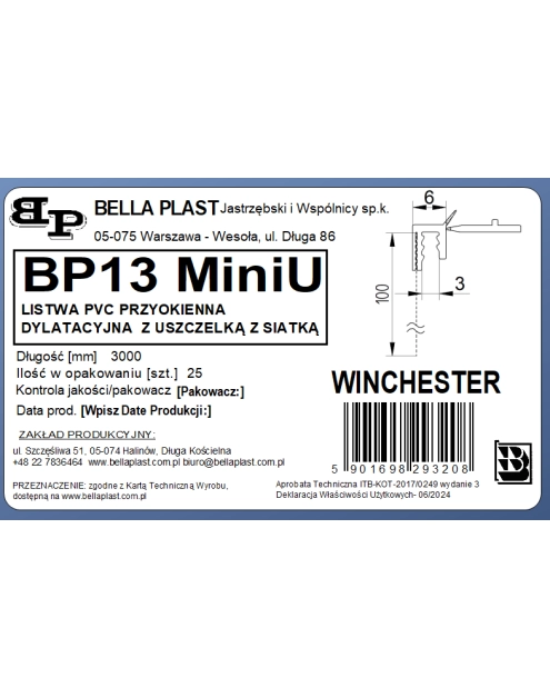 Zdjęcie: Listwa PVC BP13 Mini U L300 6/3 winchester, z siatką i z uszczelką BELLA PLAST