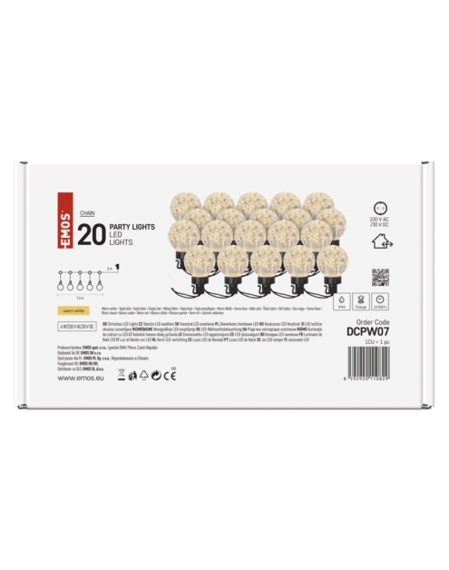 Zdjęcie: Łańcuch Party 20 LED, przeźroczyste, 7,6 m, ciepła biel, IP44 EMOS